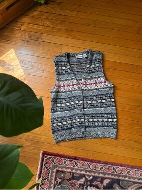 Russ Grey Fair Isle V-Neck Button Vest with Red Accents